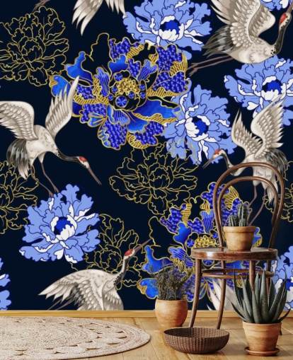 blue florals against dark background and cranes wallpaper blue florals against dark background and cranes wallpaper