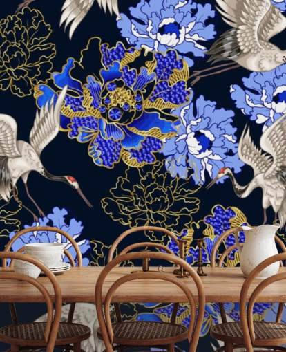 blue florals against dark background and cranes wallpaper