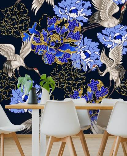 blue florals against dark background and cranes wallpaper