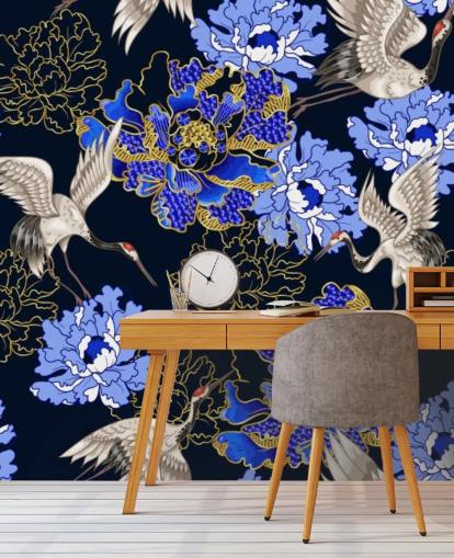 fleurs bleues sur fond sombre et papier peint grues fleurs bleues sur fond sombre et papier peint grues