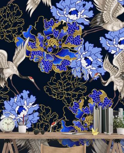 blue florals against dark background and cranes wallpaper