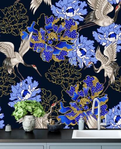 blue florals against dark background and cranes wallpaper