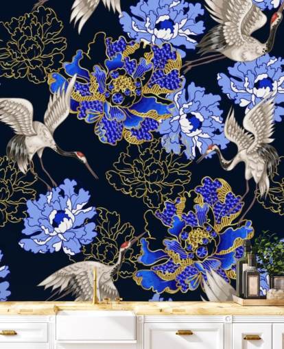 blue florals against dark background and cranes wallpaper