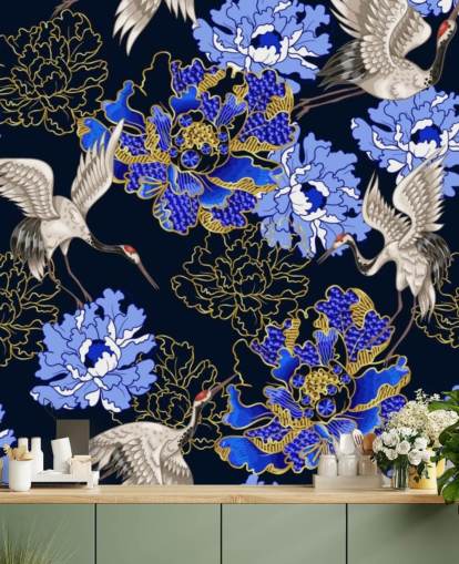 fiori blu su sfondo scuro e carta da parati gru fiori blu su sfondo scuro e carta da parati gru