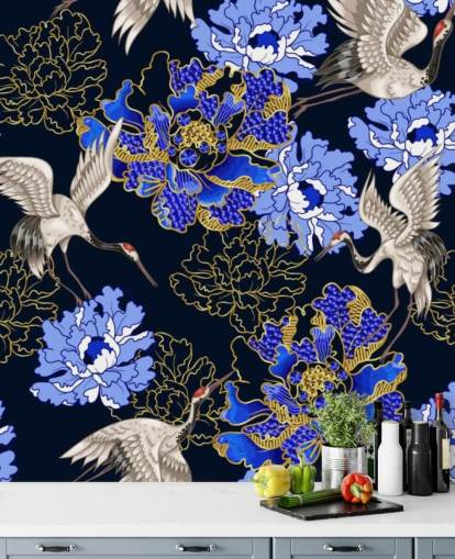 fiori blu su sfondo scuro e carta da parati gru fiori blu su sfondo scuro e carta da parati gru