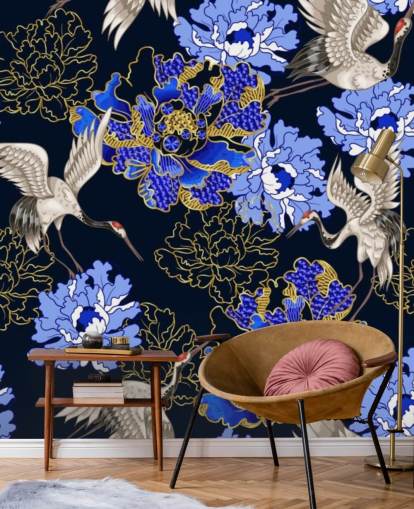 fleurs bleues sur fond sombre et papier peint grues fleurs bleues sur fond sombre et papier peint grues