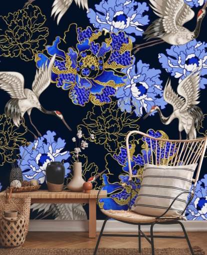 blue florals against dark background and cranes wallpaper