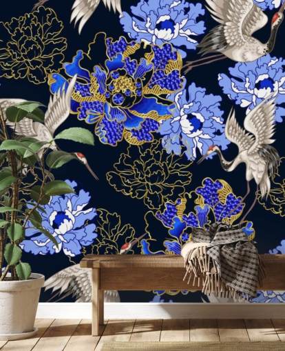 fiori blu su sfondo scuro e carta da parati gru fiori blu su sfondo scuro e carta da parati gru