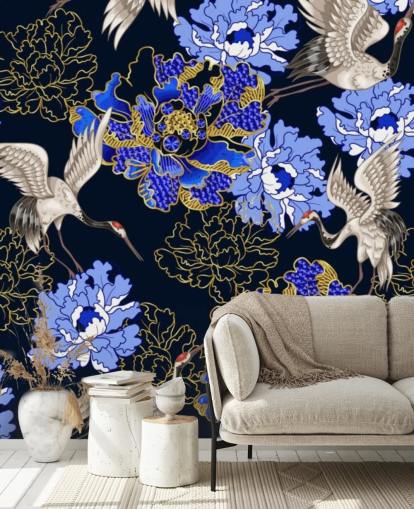 blue florals against dark background and cranes wallpaper