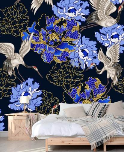 blue florals against dark background and cranes wallpaper