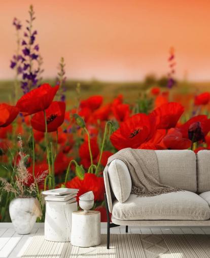 Papier peint Coquelicots et fleurs violettes Papier peint Coquelicots et fleurs violettes