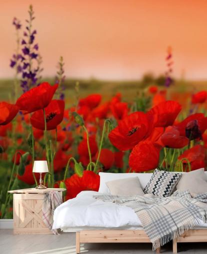 Papier peint Coquelicots et fleurs violettes