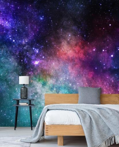 mural de papel pintado de nebulosa personalizado rosa, morado y azul llamado Colourful Nebula para dormitorios