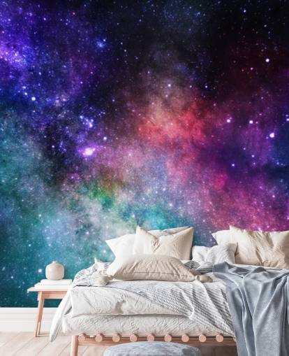 mural de papel pintado de nebulosa personalizado rosa, morado y azul llamado Colourful Nebula para dormitorios