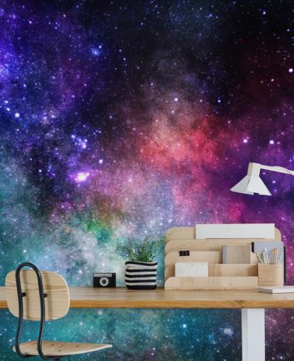 carta da parati murale personalizzata rosa, viola e blu chiamata Colourful Nebula per camere da letto