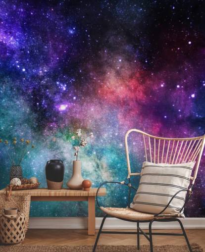 roze, paarse en blauwe op maat gemaakte nevel behangmuurschildering genaamd Colourful Nebula voor slaapkamers