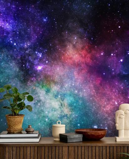 mural de papel pintado de nebulosa personalizado rosa, morado y azul llamado Colourful Nebula para dormitorios