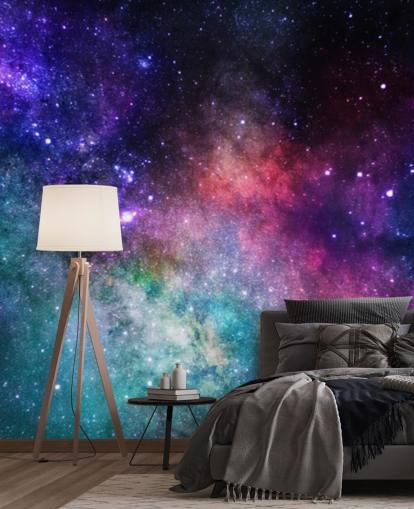 roze, paarse en blauwe op maat gemaakte nevel behangmuurschildering genaamd Colourful Nebula voor slaapkamers