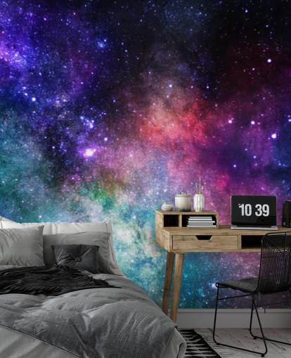 mural de papel pintado de nebulosa personalizado rosa, morado y azul llamado Colourful Nebula para dormitorios