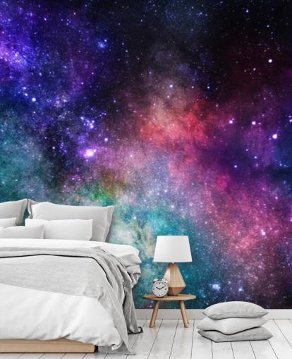 carta da parati murale personalizzata rosa, viola e blu chiamata Colourful Nebula per camere da letto