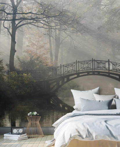 parque de árboles brumoso y tranquilo con papel tapiz de río y puente