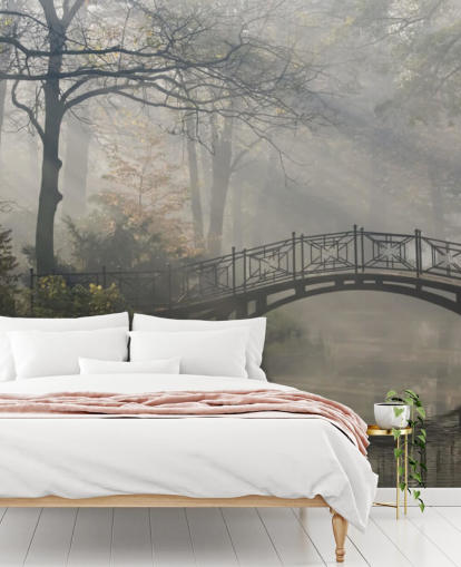 tåget og rolig træpark med flod og bro tapet