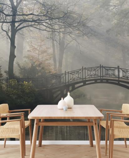 misty and calm tree park with river and bridge wallpaper misty and calm tree park with river and bridge wallpaper