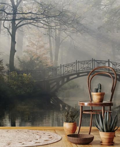 misty and calm tree park with river and bridge wallpaper misty and calm tree park with river and bridge wallpaper