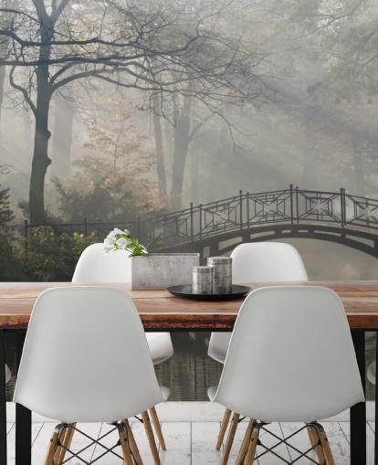 misty and calm tree park with river and bridge wallpaper