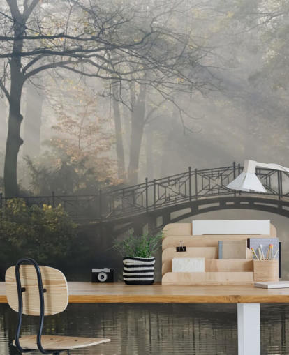 parco alberato nebbioso e calmo con carta da parati fiume e ponte parco alberato nebbioso e calmo con carta da parati fiume e ponte