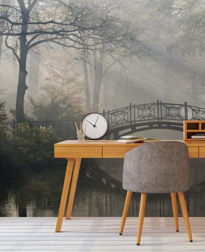 misty and calm tree park with river and bridge wallpaper