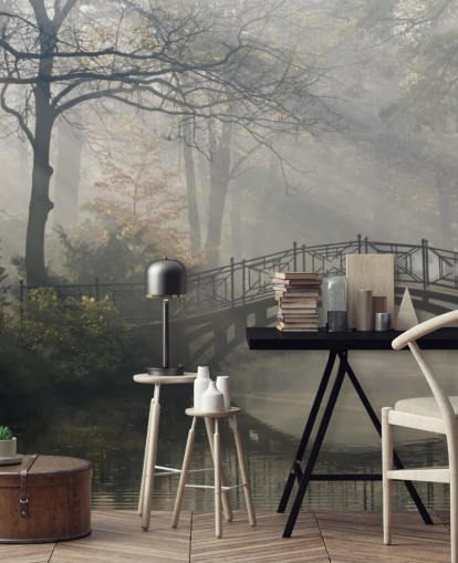 misty and calm tree park with river and bridge wallpaper