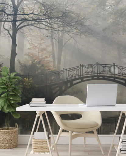 misty and calm tree park with river and bridge wallpaper