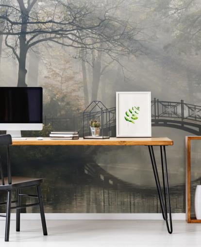 misty and calm tree park with river and bridge wallpaper