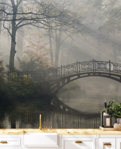misty and calm tree park with river and bridge wallpaper misty and calm tree park with river and bridge wallpaper