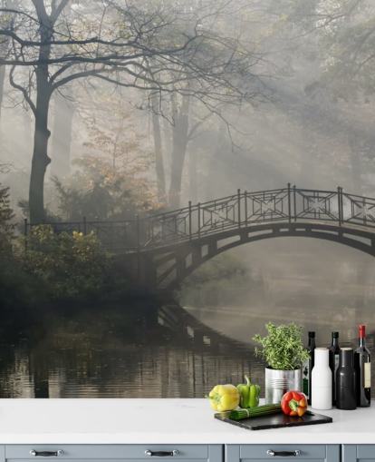 parco alberato nebbioso e calmo con carta da parati fiume e ponte parco alberato nebbioso e calmo con carta da parati fiume e ponte
