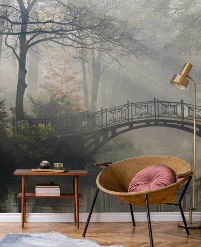 misty and calm tree park with river and bridge wallpaper