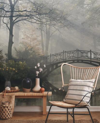 misty and calm tree park with river and bridge wallpaper misty and calm tree park with river and bridge wallpaper