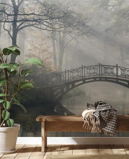 misty and calm tree park with river and bridge wallpaper misty and calm tree park with river and bridge wallpaper
