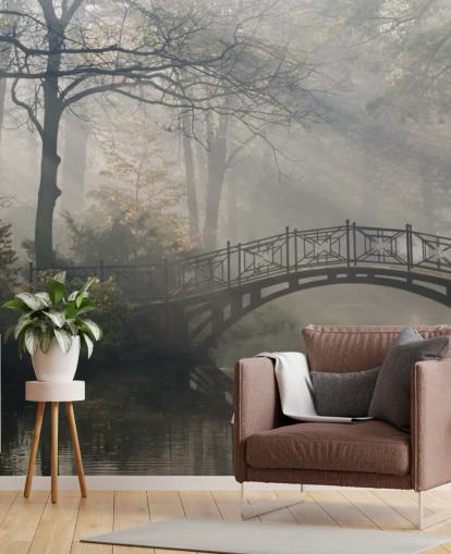 misty and calm tree park with river and bridge wallpaper