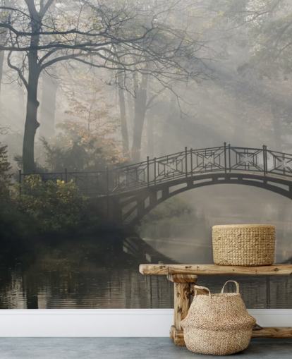 parque de árboles brumoso y tranquilo con papel tapiz de río y puente