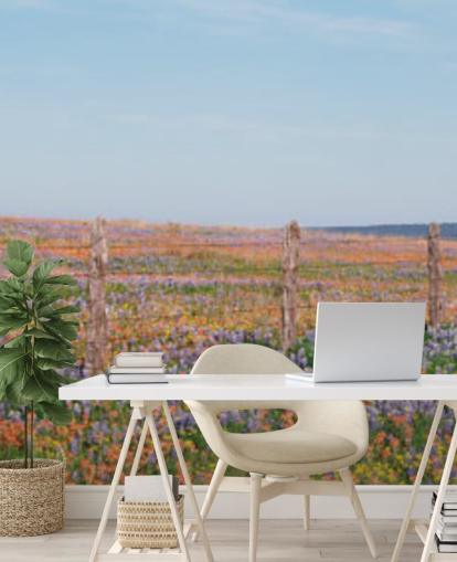 meadow field with orange, purple and yellow flowers wallpaper