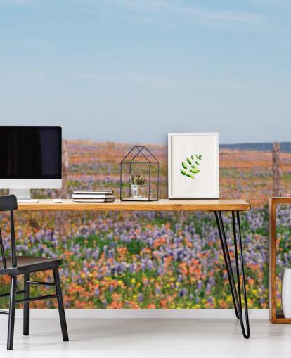 Wiesenfeld mit orangen, lila und gelben Blumen Tapete