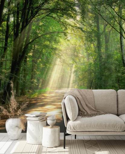 solbelyst skogsväg tapet