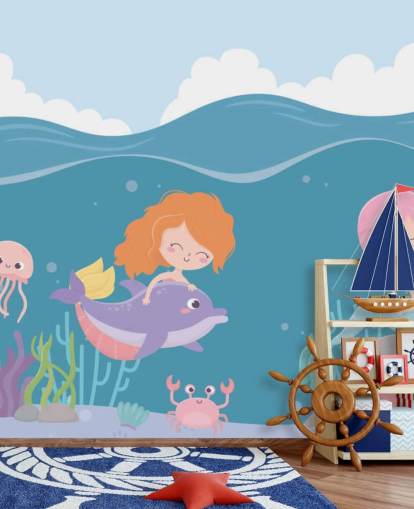 deux sirènes avec papier peint de poissons