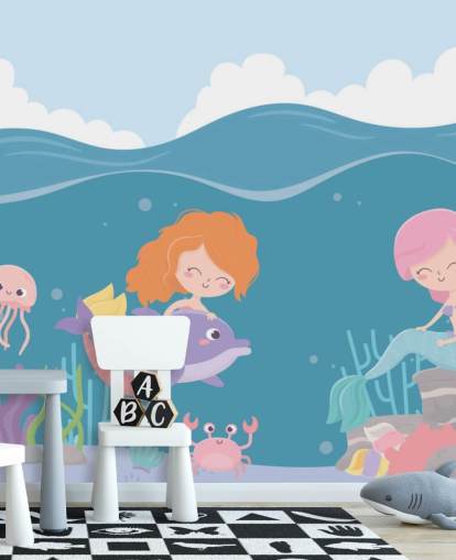 duas sereias com papel de parede de peixe