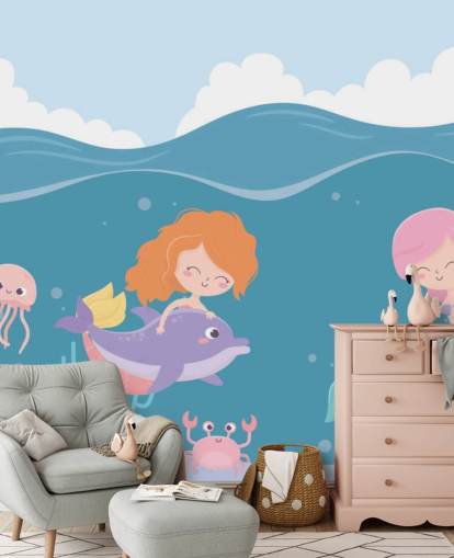 two mermaids with fish wallpaper