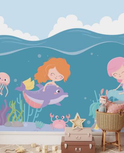 deux sirènes avec papier peint de poissons