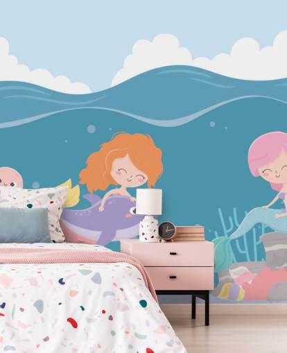 deux sirènes avec papier peint de poissons