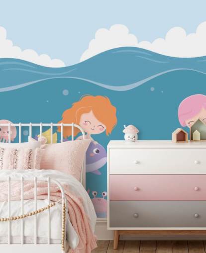 papel pintado de dos sirenas con peces